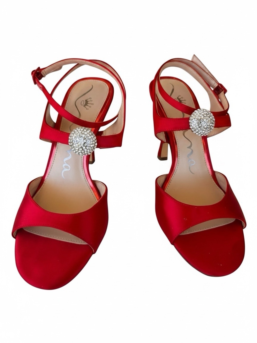 Nina Red Satin Rhinestone Crystal Ball Ankle Strap Stiletto Sandals 8.5 NWT